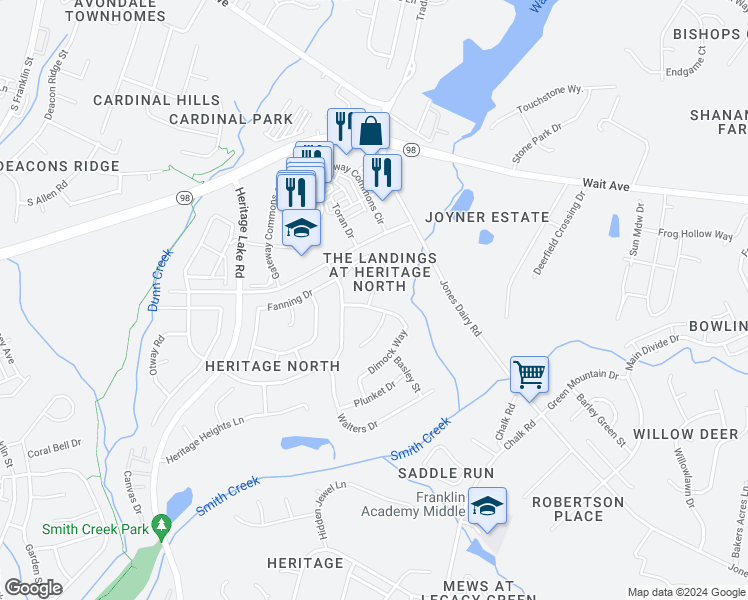 map of restaurants, bars, coffee shops, grocery stores, and more near 517 Hammond Oak Lane in Wake Forest