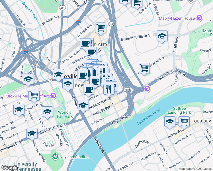map of restaurants, bars, coffee shops, grocery stores, and more near 608 South Gay Street in Knoxville