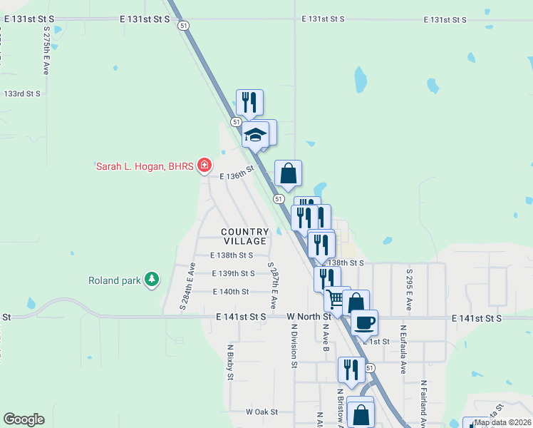 map of restaurants, bars, coffee shops, grocery stores, and more near 13749 South 287th East Avenue in Coweta