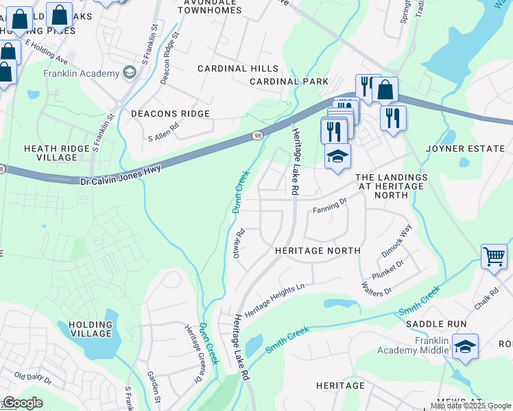 map of restaurants, bars, coffee shops, grocery stores, and more near 1025 Wilt's Dairy Point in Wake Forest