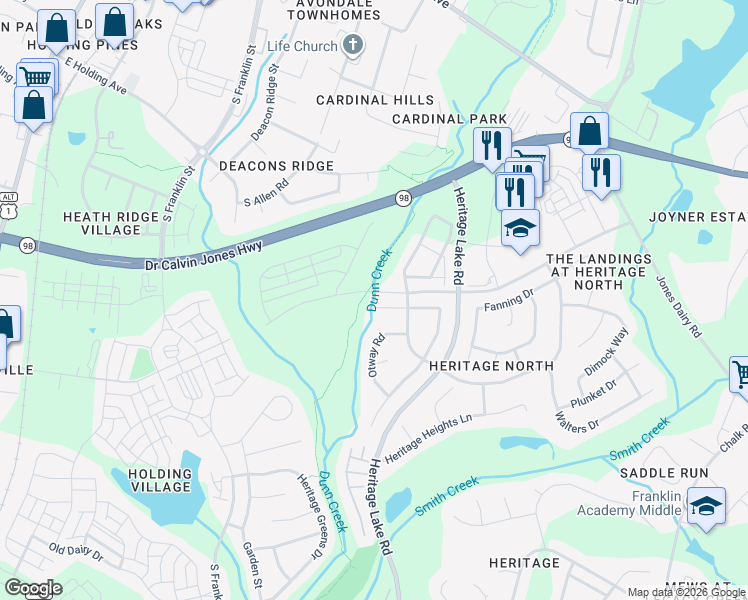 map of restaurants, bars, coffee shops, grocery stores, and more near 1005 Wilt's Dairy Point in Wake Forest