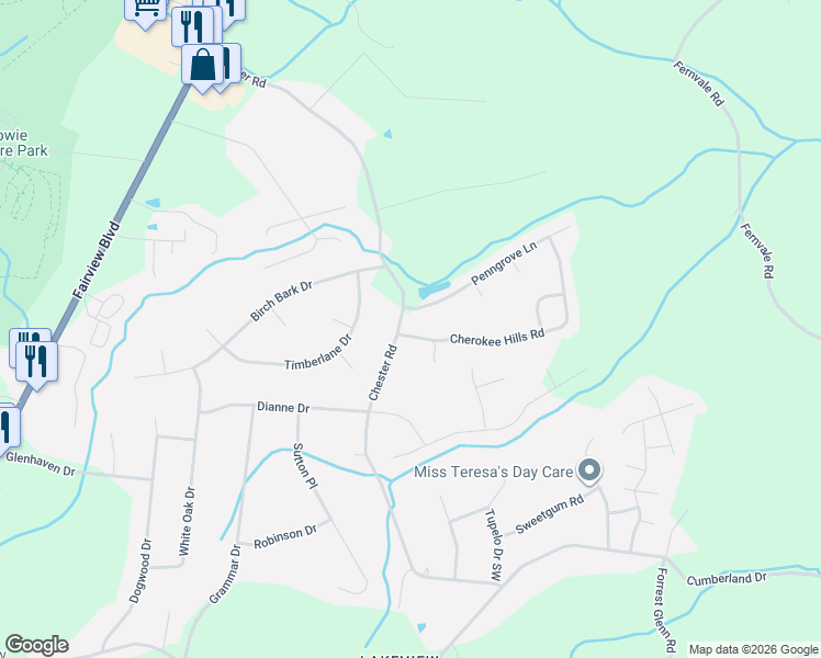map of restaurants, bars, coffee shops, grocery stores, and more near 7504 Cherokee Hills Road in Fairview
