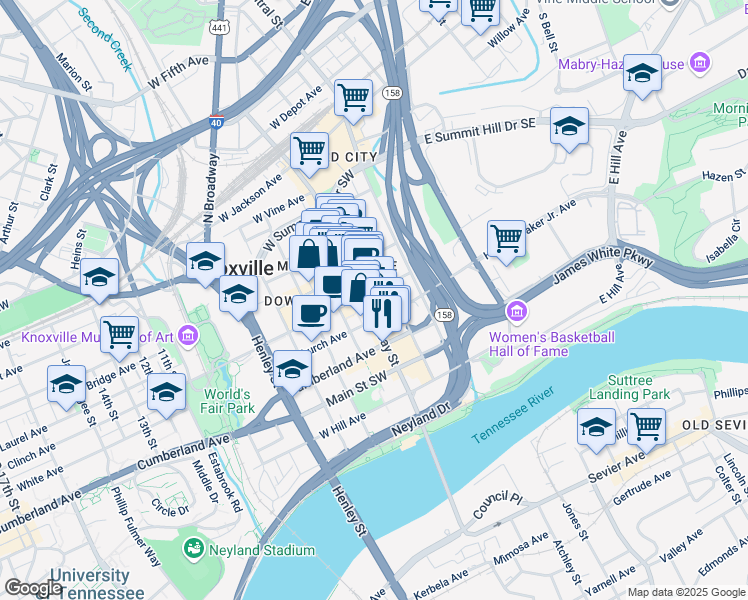 map of restaurants, bars, coffee shops, grocery stores, and more near 608 South Gay Street in Knoxville