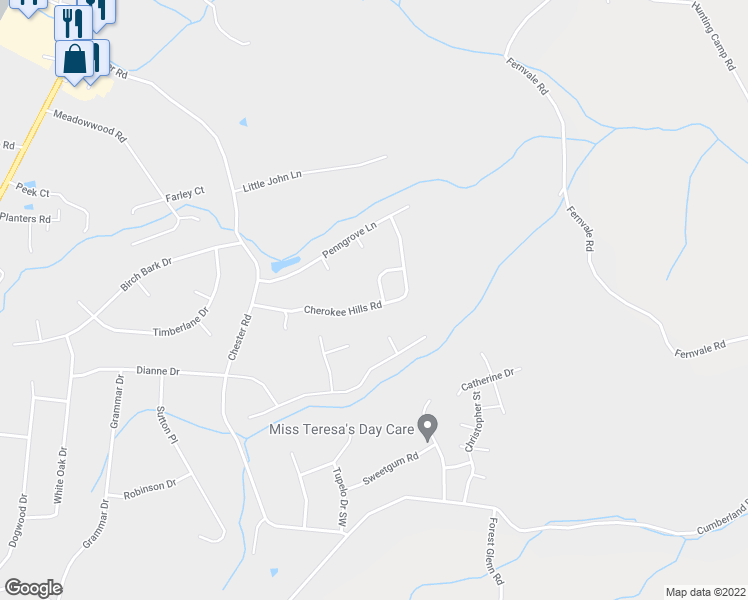 map of restaurants, bars, coffee shops, grocery stores, and more near 7544 Cherokee Hills Road in Fairview