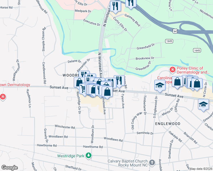 map of restaurants, bars, coffee shops, grocery stores, and more near 115 North Winstead Avenue in Rocky Mount