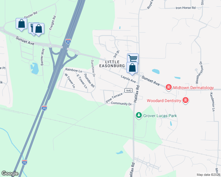 map of restaurants, bars, coffee shops, grocery stores, and more near 4304 Jacobs Avenue in Rocky Mount