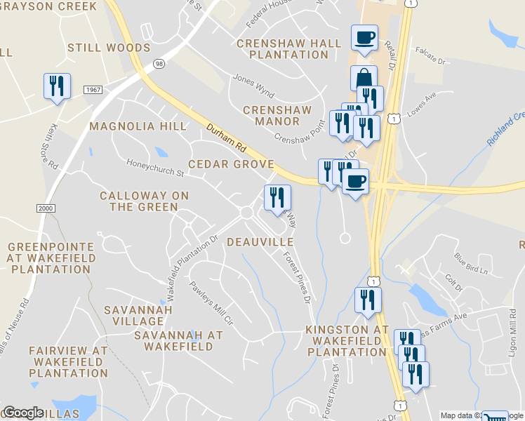 map of restaurants, bars, coffee shops, grocery stores, and more near 3307 Archdale Drive in Raleigh