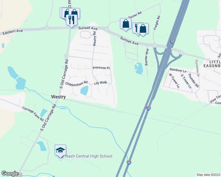 map of restaurants, bars, coffee shops, grocery stores, and more near 4587-4599 Lily Walk in Rocky Mount