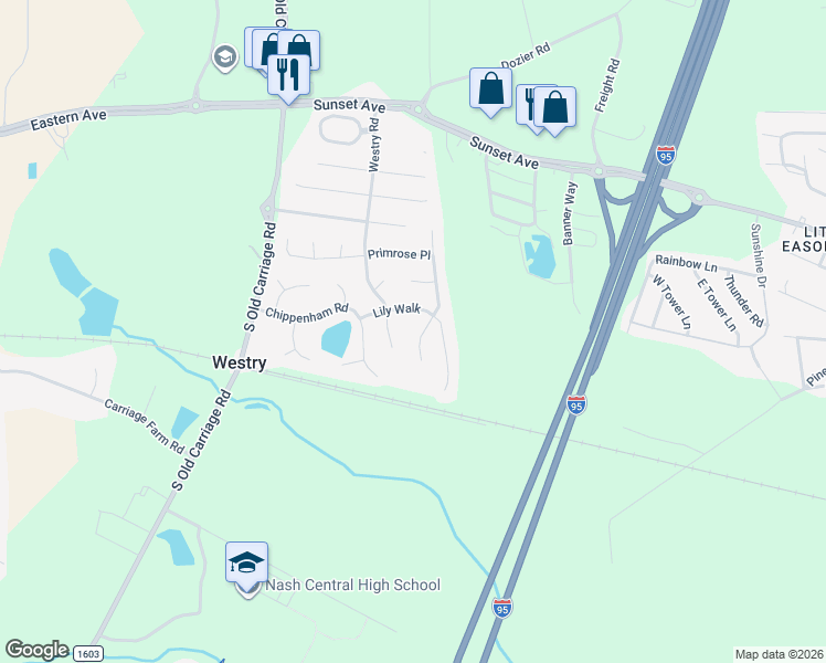 map of restaurants, bars, coffee shops, grocery stores, and more near 629 Westry Road in Rocky Mount