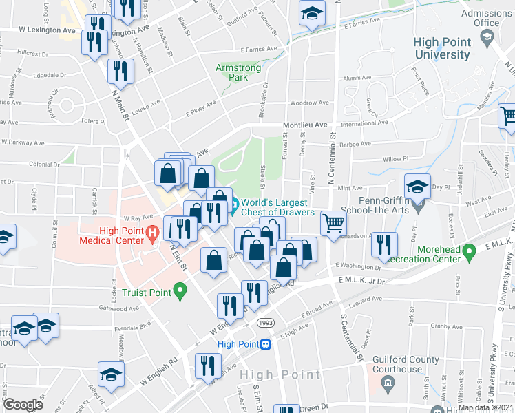 map of restaurants, bars, coffee shops, grocery stores, and more near 500 Oakland Place in High Point