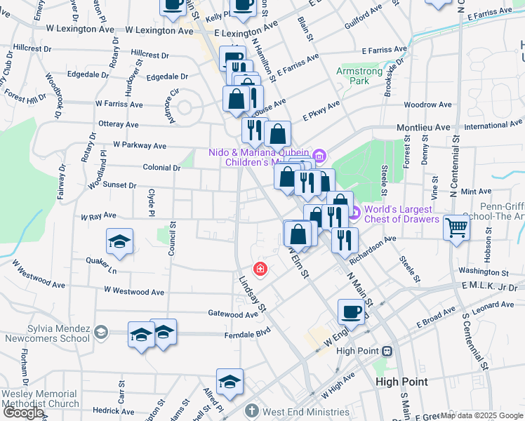 map of restaurants, bars, coffee shops, grocery stores, and more near 218 West Ray Avenue in High Point