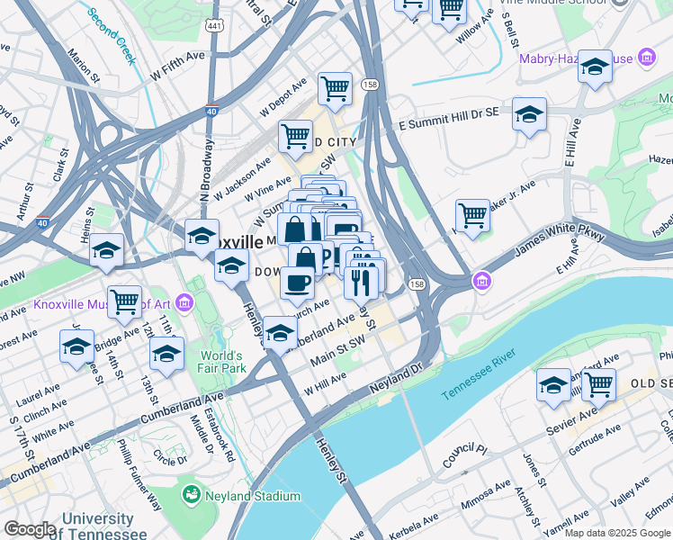 map of restaurants, bars, coffee shops, grocery stores, and more near 608 South Gay Street in Knoxville