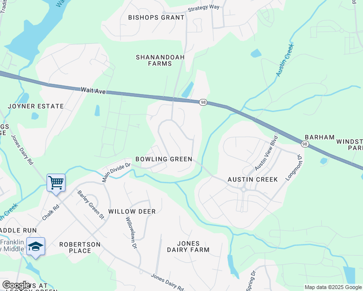 map of restaurants, bars, coffee shops, grocery stores, and more near 333 Trout Valley Road in Wake Forest