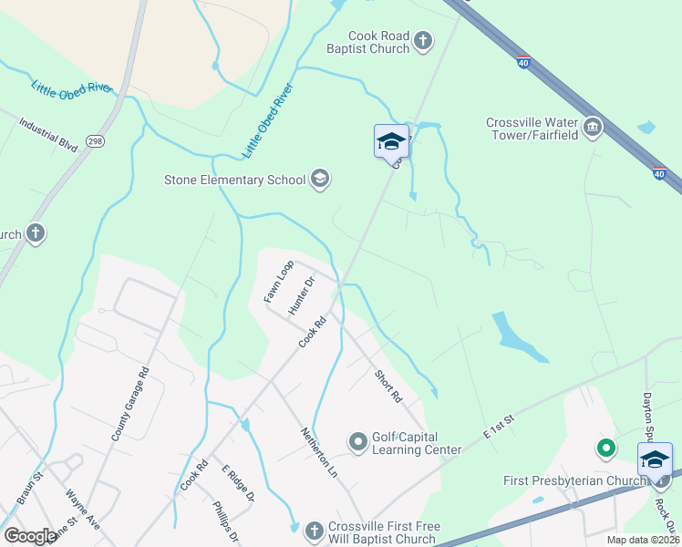 map of restaurants, bars, coffee shops, grocery stores, and more near 1133 Cook Road in Crossville