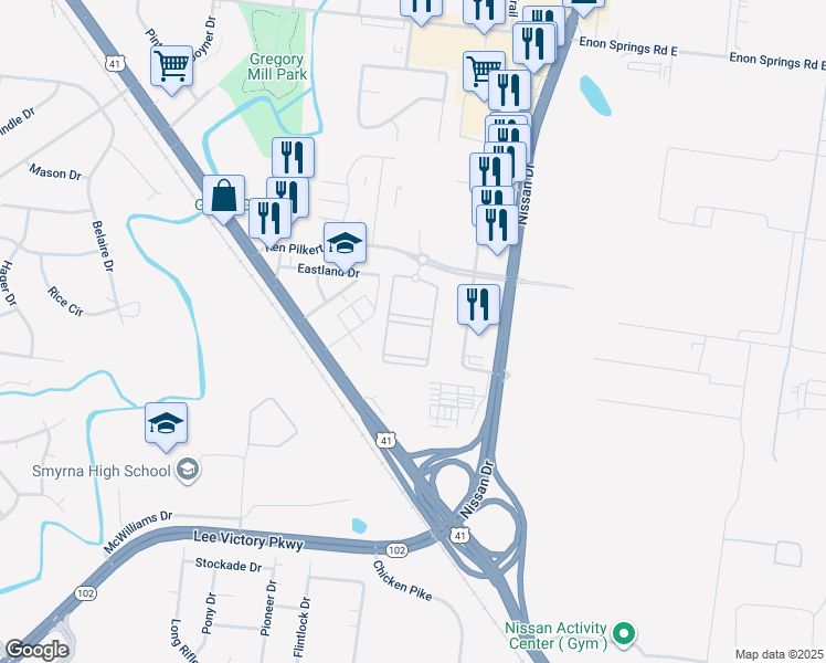 map of restaurants, bars, coffee shops, grocery stores, and more near 670 Ken Pilkerton Drive in Smyrna