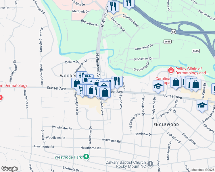 map of restaurants, bars, coffee shops, grocery stores, and more near 115 North Winstead Avenue in Rocky Mount