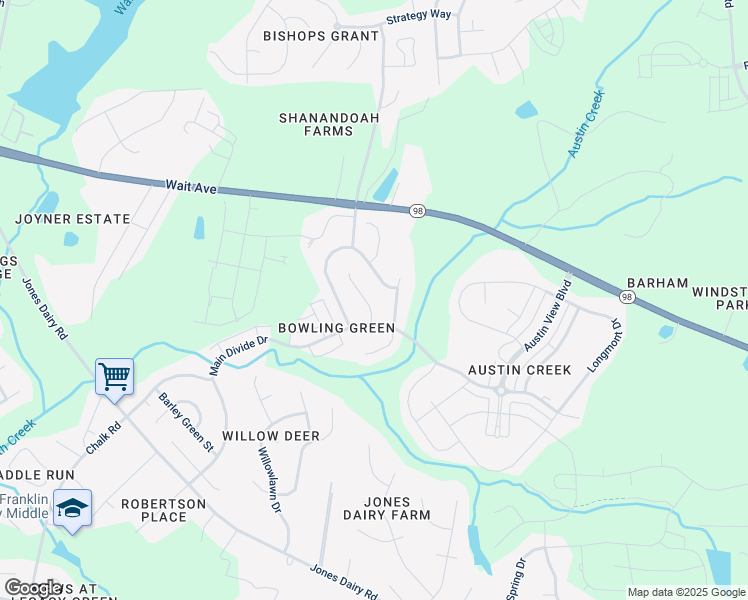 map of restaurants, bars, coffee shops, grocery stores, and more near 341 Trout Valley Road in Wake Forest