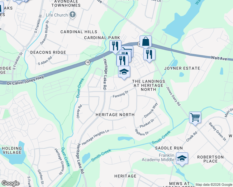 map of restaurants, bars, coffee shops, grocery stores, and more near 1209 Fanning Drive in Wake Forest