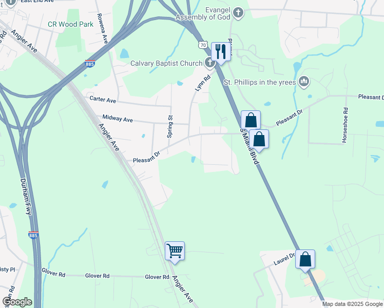 map of restaurants, bars, coffee shops, grocery stores, and more near 613 Pleasant Dr in Durham