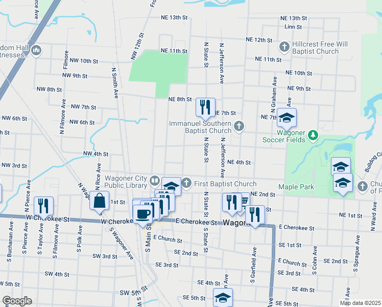 map of restaurants, bars, coffee shops, grocery stores, and more near 507 North State Street in Wagoner
