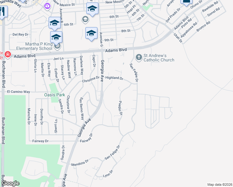map of restaurants, bars, coffee shops, grocery stores, and more near 1412 Pueblo Drive in Boulder City