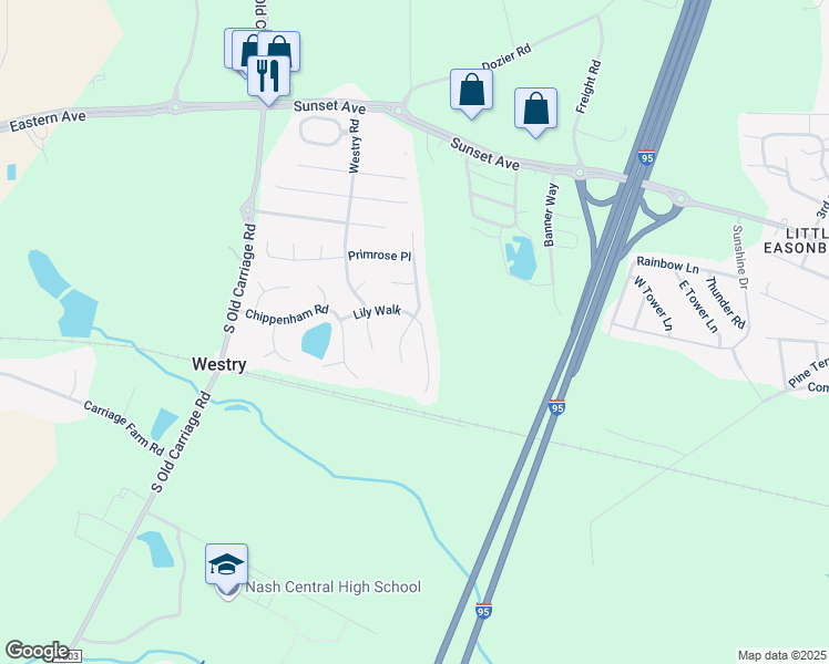 map of restaurants, bars, coffee shops, grocery stores, and more near 4587-4599 Lily Walk in Rocky Mount