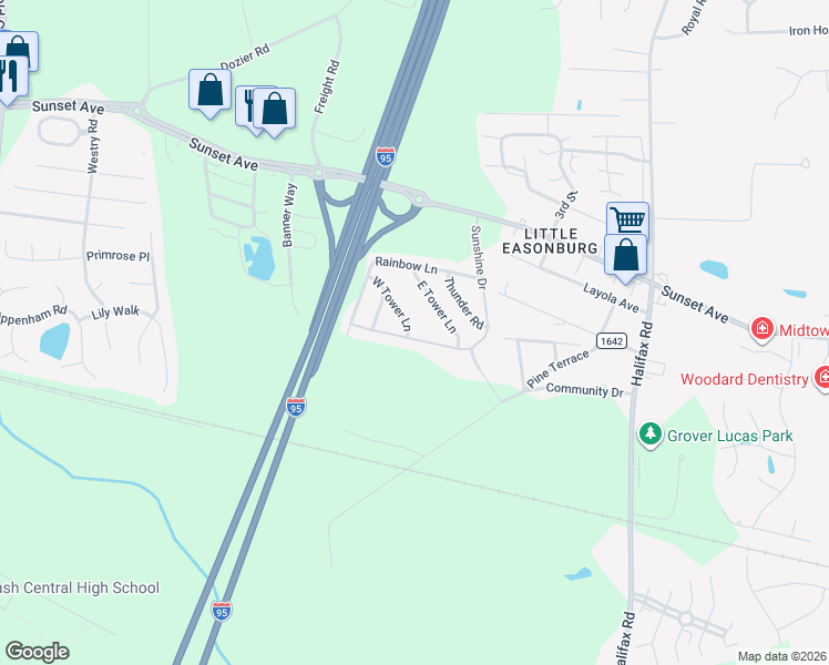 map of restaurants, bars, coffee shops, grocery stores, and more near 400-424 Sunshine Drive in Rocky Mount