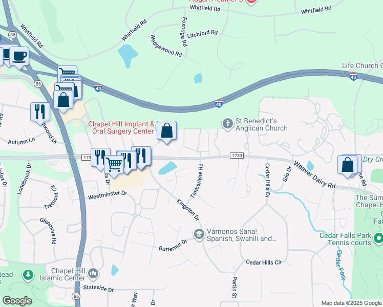 map of restaurants, bars, coffee shops, grocery stores, and more near 111 Kingsbury Drive in Chapel Hill