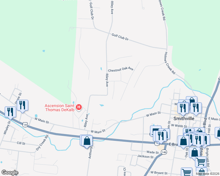 map of restaurants, bars, coffee shops, grocery stores, and more near 301 Riley Ave in Smithville