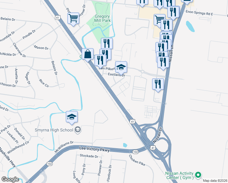 map of restaurants, bars, coffee shops, grocery stores, and more near 671 South Lowry Street in Smyrna