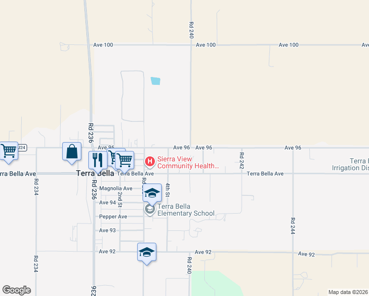 map of restaurants, bars, coffee shops, grocery stores, and more near County Road J24 in Terra Bella