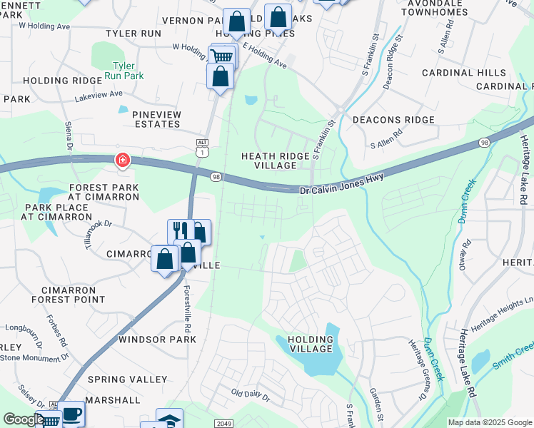 map of restaurants, bars, coffee shops, grocery stores, and more near Doctor Calvin Jones Highway in Wake Forest