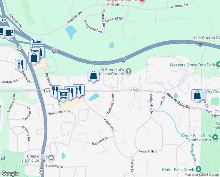 map of restaurants, bars, coffee shops, grocery stores, and more near 123 Kingsbury Drive in Chapel Hill