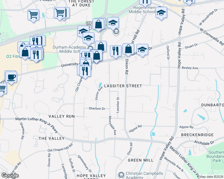 map of restaurants, bars, coffee shops, grocery stores, and more near 3215 Mossdale Avenue in Durham