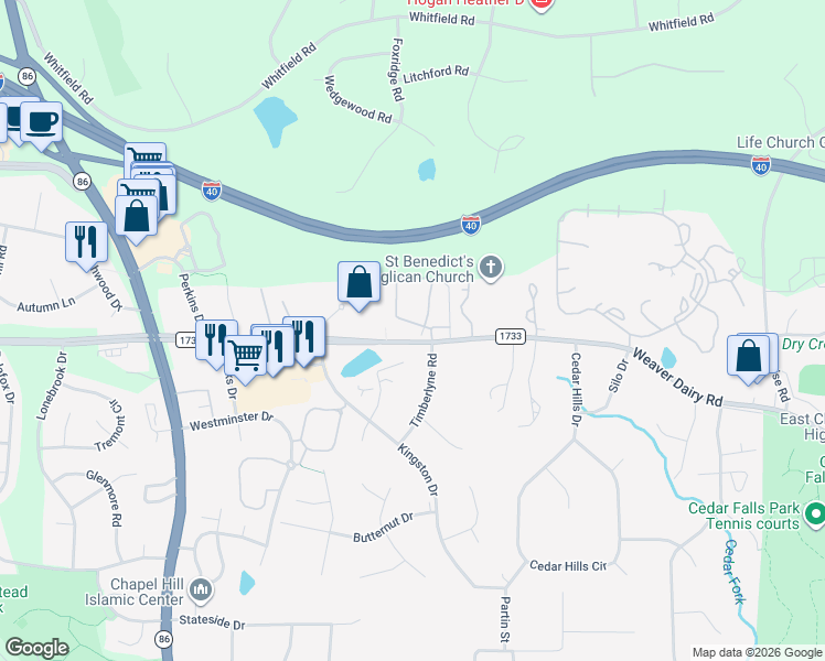 map of restaurants, bars, coffee shops, grocery stores, and more near 119 Kingsbury Drive in Chapel Hill