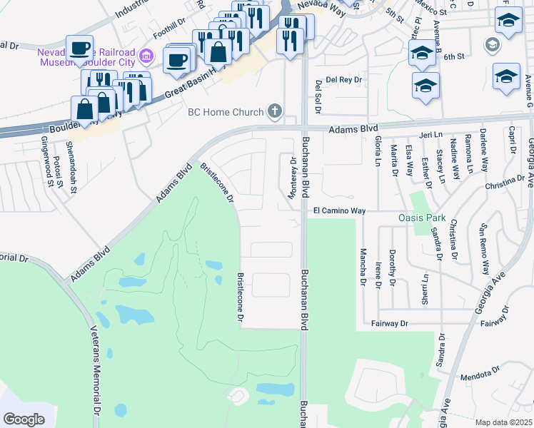 map of restaurants, bars, coffee shops, grocery stores, and more near 1437 Cattail Falls Street in Boulder City