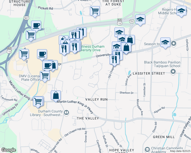 map of restaurants, bars, coffee shops, grocery stores, and more near 3318 Bonaparte Way in Durham