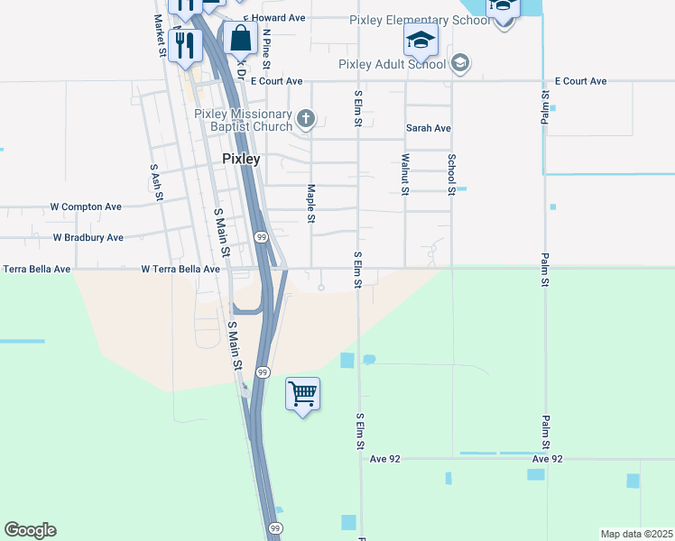 map of restaurants, bars, coffee shops, grocery stores, and more near 875 Avenue 96 in Pixley
