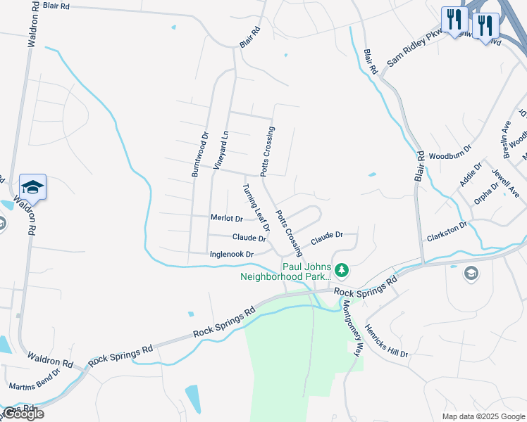 map of restaurants, bars, coffee shops, grocery stores, and more near 7000 Merlot Drive in Smyrna