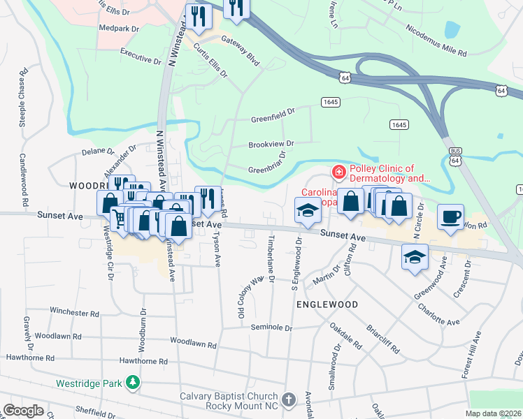 map of restaurants, bars, coffee shops, grocery stores, and more near 3206 Sunset Avenue in Rocky Mount