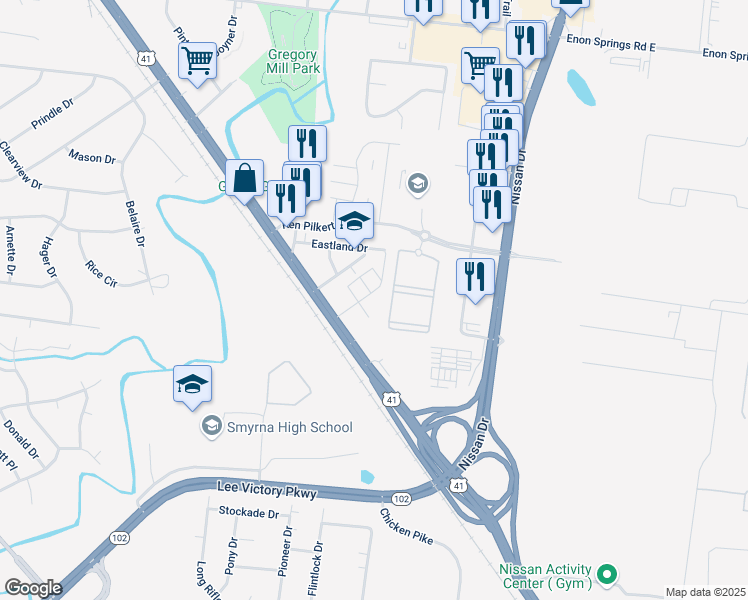 map of restaurants, bars, coffee shops, grocery stores, and more near 306 Southside Drive in Smyrna