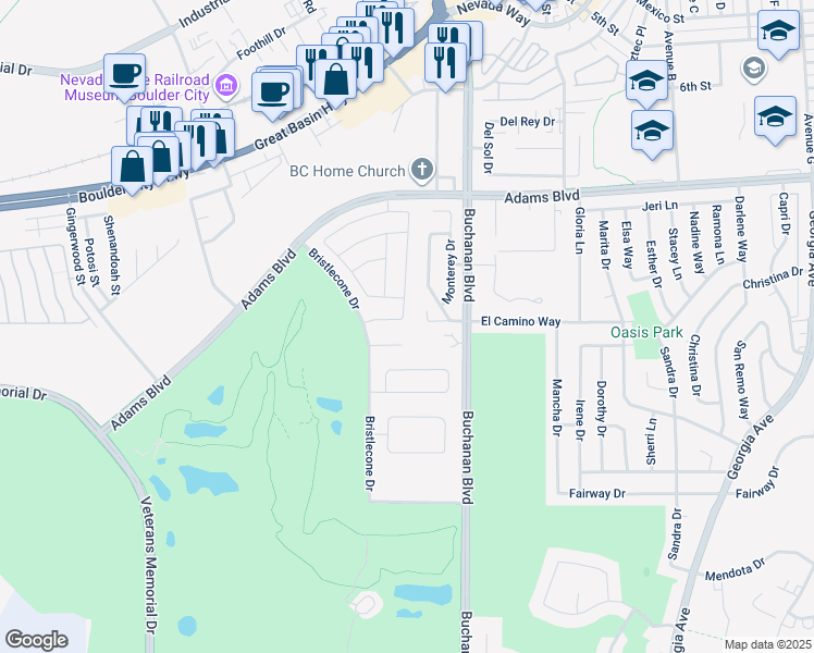 map of restaurants, bars, coffee shops, grocery stores, and more near 1437 Cattail Falls Street in Boulder City