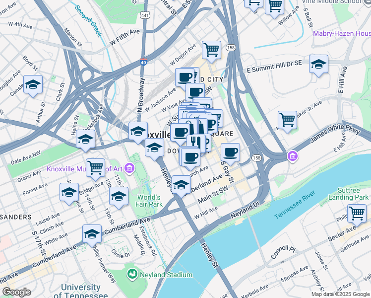 map of restaurants, bars, coffee shops, grocery stores, and more near 501 Union Avenue in Knoxville