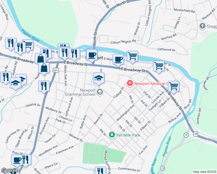 map of restaurants, bars, coffee shops, grocery stores, and more near 318 College Street in Newport