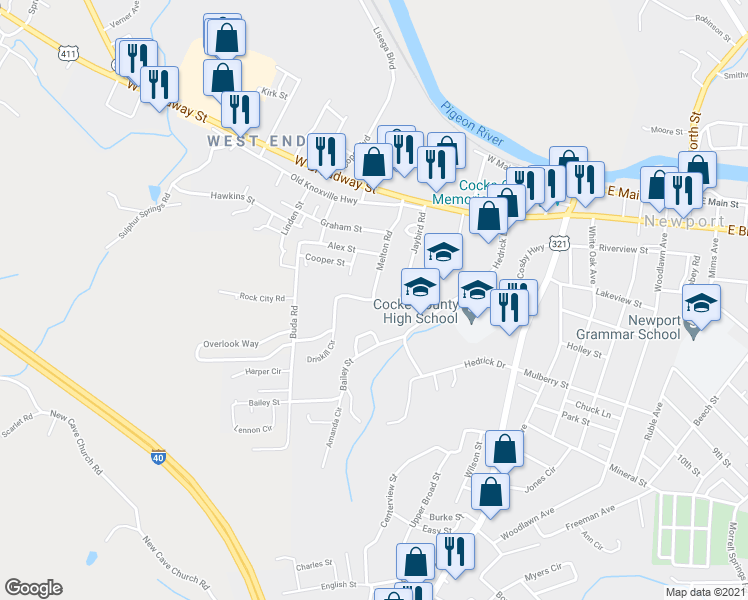 map of restaurants, bars, coffee shops, grocery stores, and more near 399 Dykes Street in Newport