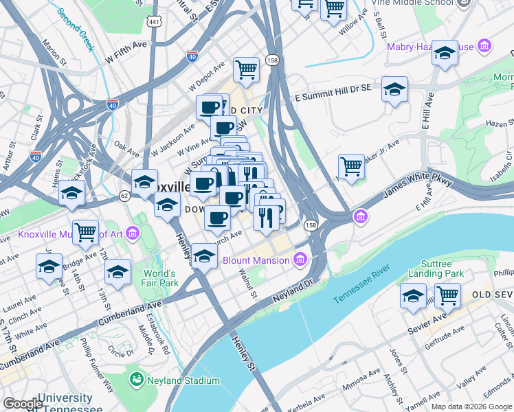 map of restaurants, bars, coffee shops, grocery stores, and more near 602 South Gay Street in Knoxville