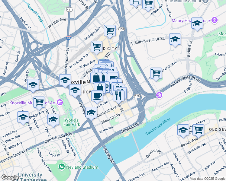 map of restaurants, bars, coffee shops, grocery stores, and more near 600 South Gay Street in Knoxville