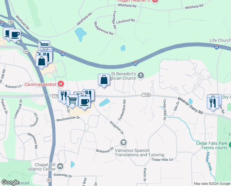 map of restaurants, bars, coffee shops, grocery stores, and more near 137 Kingsbury Drive in Chapel Hill
