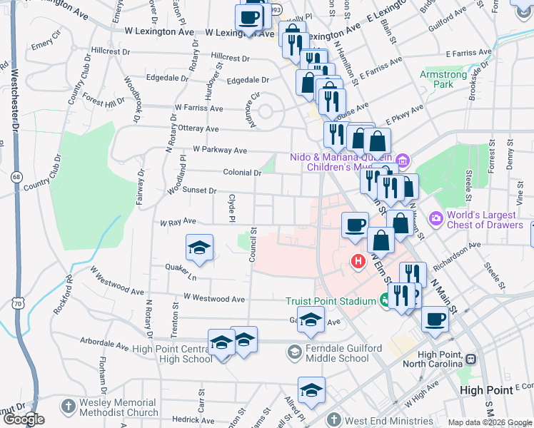map of restaurants, bars, coffee shops, grocery stores, and more near 1102 Council Street in High Point