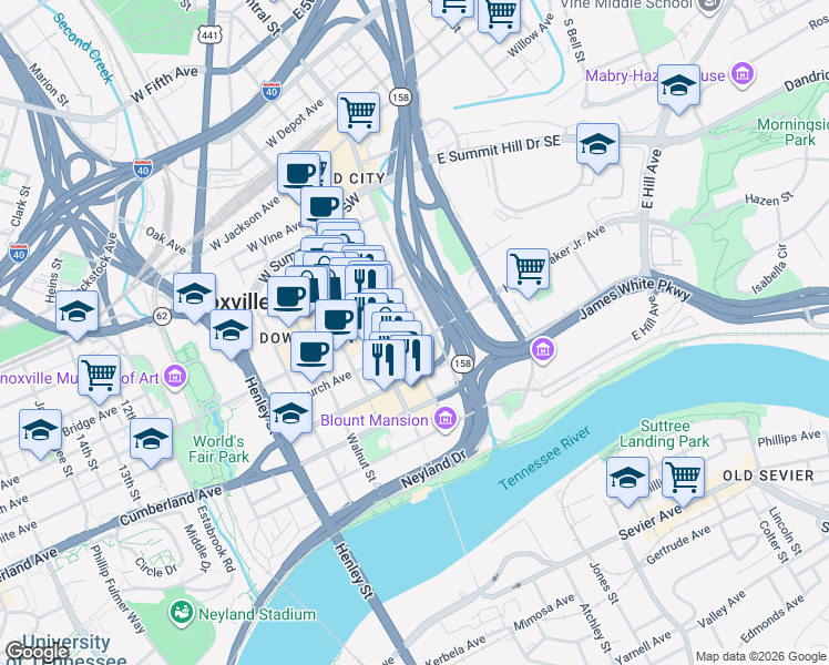 map of restaurants, bars, coffee shops, grocery stores, and more near 620 State Street in Knoxville